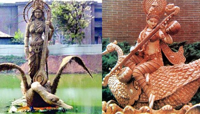 নারকেল গাছের বাকল দিয়েই তৈরি সরস্বতী প্রতিমা নারকেল গাছের বাকল দিয়েই তৈরি সরস্বতী প্রতিমা